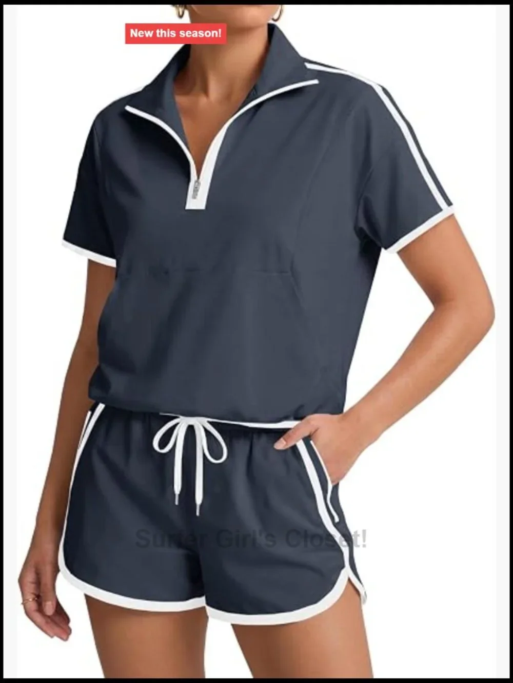 Half Zip V Neck 2 Piece Set Short Sleeve Pullover Top And Shorts